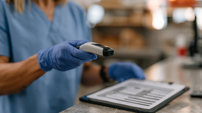 Technician prepares microchipping station by scanning new chip frequency and loading applicator in sterile packaging while pet health record form waits on tablet clipboard ready