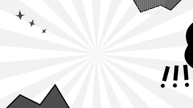 Monochrome comic style radial sunburst background featuring halftone patterns and exclamation marks for dynamic storytelling