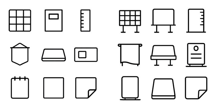 Office and stationery vector icons with ruler, notebook and board for web design in outline style
