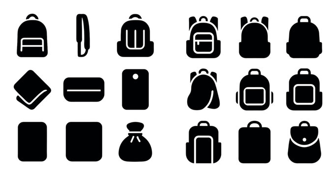 Bags and backpacks concept icons with knapsack, purse and wallet for branding design in solid style