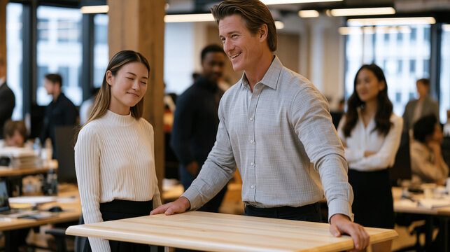 Ergonomics coach adjusting a standing desk for an employee who looks visibly relieved, workplace wellness program implementation shown candidly in an open office environment,