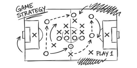 Hand drawn soccer game strategy sketch with arrows and player positions on a football field tactics board © GraphixEra