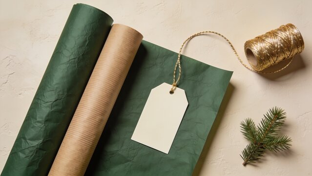 Organic Forest Green and Kraft Christmas Wrapping Flat Lay