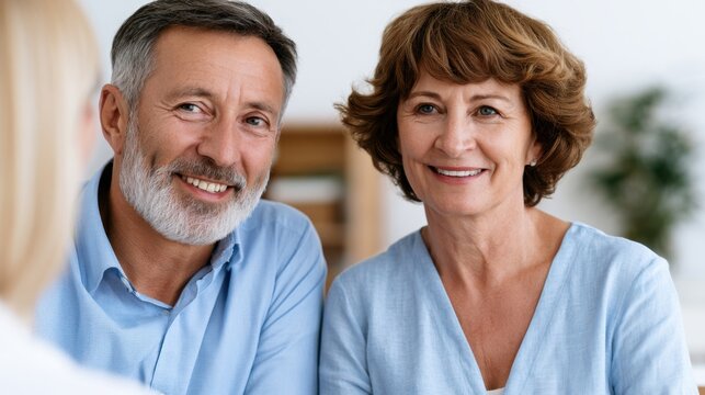 Senior couple smiling while discussing real estate options in a bright, modern office setting with plants and shelves in the background