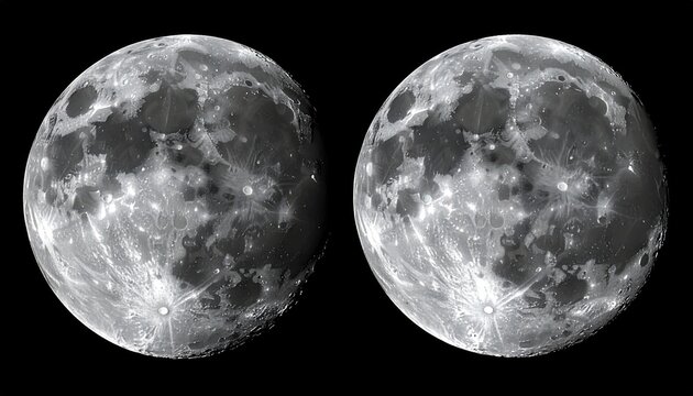 Two detailed, high-contrast images of the full moon, showing craters and maria