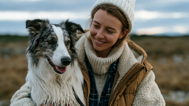 Dog behavior consultant works outdoors with frustrated owner holding reactive border collie on long line in overcast dramatic sky setting as body language assessment and counter