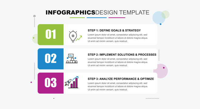 Three steps business milestone workflow template with numbered process cards for defining goals implementing solutions and analyzing performance optimize
