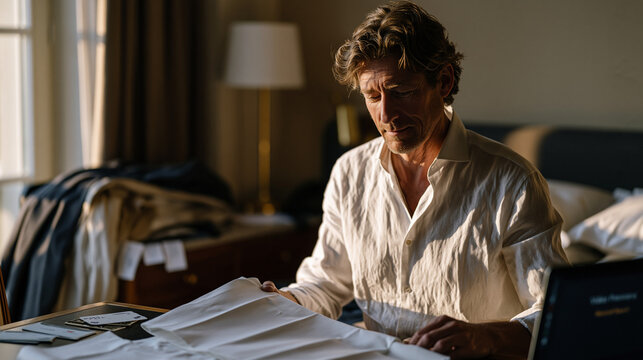 Solitary business consultant assembling a flat-pack furniture piece in a hotel room between back-to-back city visits, business travel depicted through minibar receipts, an open