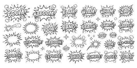 Set of comic book sound effect speech bubbles with explosive text like boom bang pow and crash for action design © GraphixEra