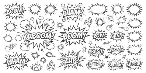 Set of comic book speech bubbles and explosion sound effect signs with black and white graphic ink lines © GraphixEra