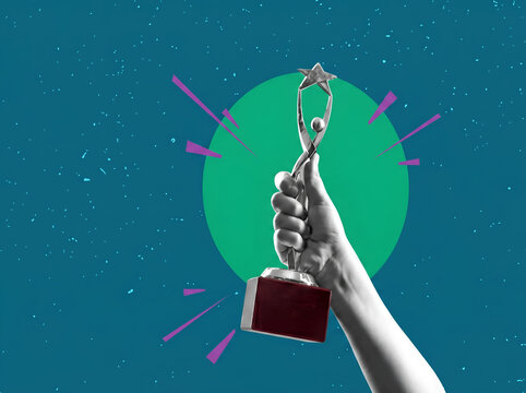 Human hand holding a trophy award on a blue and green background with champion