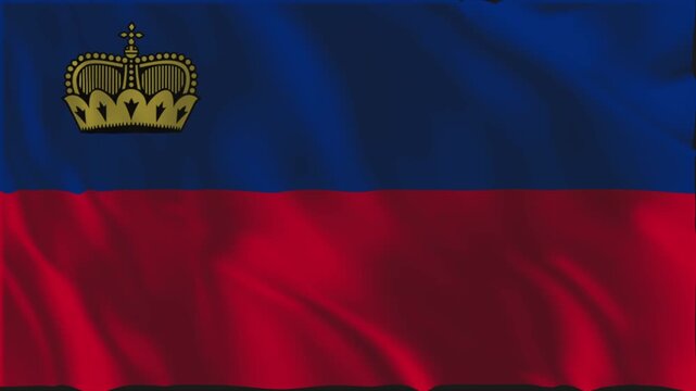 Flag of Liechtenstein waving slowly in the foreground