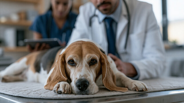 Veterinarian in white coat conducts thorough annual wellness examination on beagle lying on padded stainless table checking lymph nodes and ears while assistant records findings