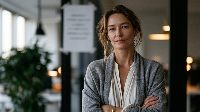 Seasoned project manager arms crossed in the doorway of an empty open-plan office, a return-to-office mandate printed and taped to the wall behind her, office return resistance