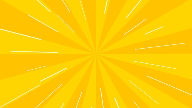 Yellow sunburst background with radial rays and white motion lines rotating to create energetic comic pop art visuals.