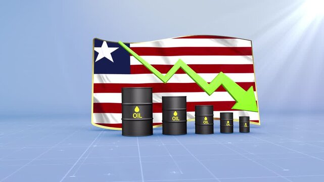 Liberia Oil Price Falling with Oil Barrels Downward Green Arrow and 3D Financial Data Visualization Graphs for Economy and Business Concept