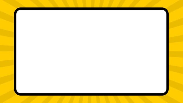 Yellow sunburst background with central white rectangular frame creating space for message and pop art graphic design projects