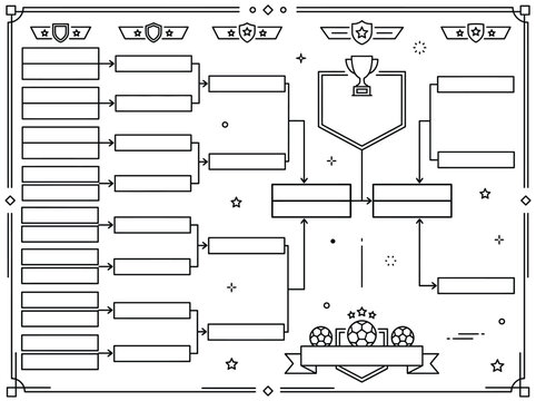 Soccer tournament bracket template with trophy and balls