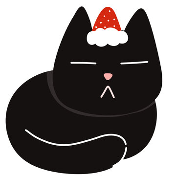 Cute Grumpy Black Cat Wearing Santa Hat.