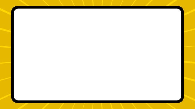 Yellow sunburst background with white rounded rectangle frame for text placement representing comic style announcement.