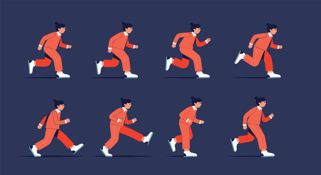 Animation frame sequence showing various stages of a woman in an orange suit running with a determined stride against dark blue.