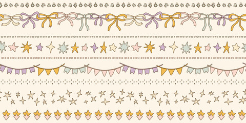 Fototapeta premium Seamless Christmas patterns with bow knots garland, stars and flags on pink. Trendy xmas stripes design. Hand drawn vector illustration. Holiday background, wrapping paper.