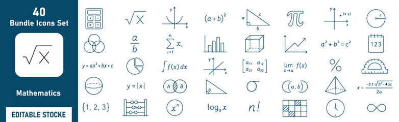 Mathematics Vector Outline Icons Set – Math Formula, Geometry, Algebra and Calculus Line Symbols Collection © Bely