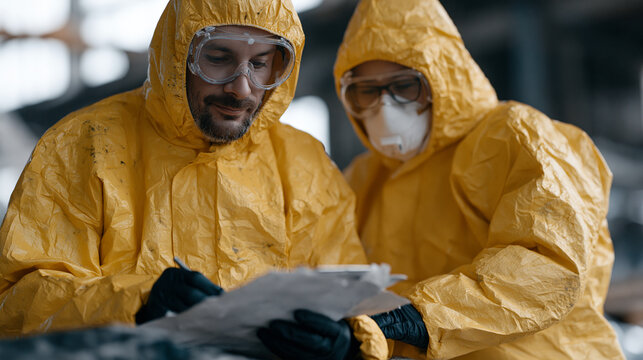 Industrial accident investigation team in PPE documenting chemical spill aftermath in processing facility hazmat response environmental compliance officers forensic workplace