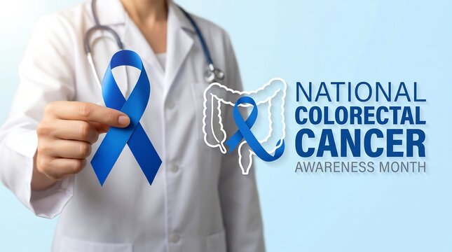 A healthcare professional holds a blue awareness ribbon, symbolizing support and advocacy for National Colorectal Cancer Awareness Month.