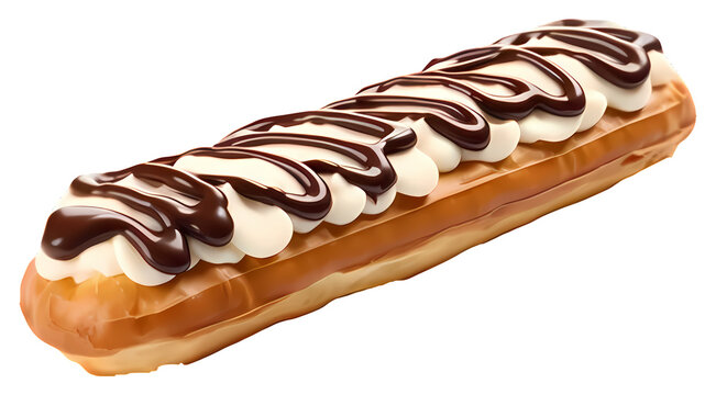 Long eclair pastry filled with cream and topped with chocolate drizzle on transparent background.