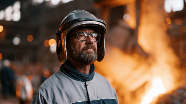Steel mill furnace operator in protective face shield observing molten metal pour ladle transfer tapping operation electric arc furnace steelmaking plant metallurgy worker molten
