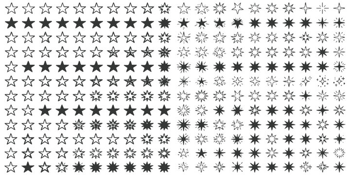 Set of many different hand drawn star shapes and sparkle elements for creative design projects and patterns