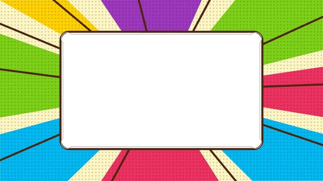 Colorful comic book pop art background featuring central blank white frame with animated sunburst rays and halftone textures