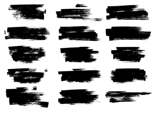 Set of hand-drawn vector grunge black brushstroke banners isolated on white background. Collection of 15 abstract black grunge brushstroke banners