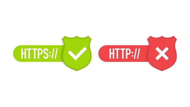 HTTPS vs HTTP security protocol concept animation with green checkmark and red cross shields
