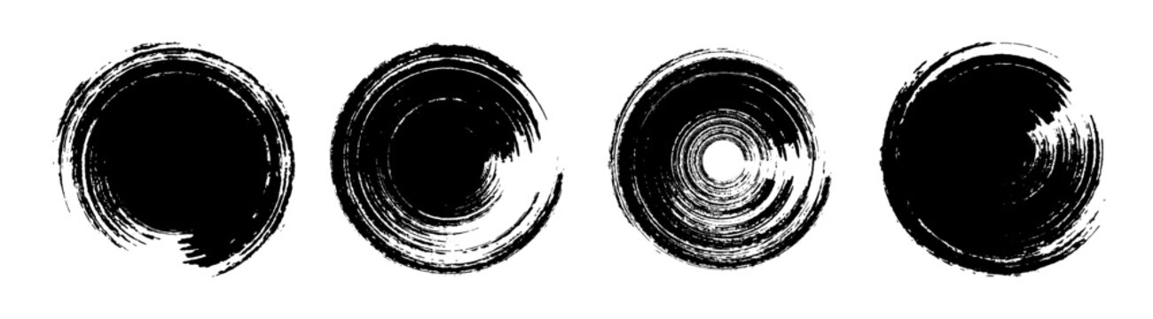Set of Black Ink Brushstroke Circles. Hand-drawn textured Vector Rings, Distressed Paint Vector Frames, Zen Enso Elements and Artistic Round Brushstroke Circles for Modern Logos, Labels and Packaging