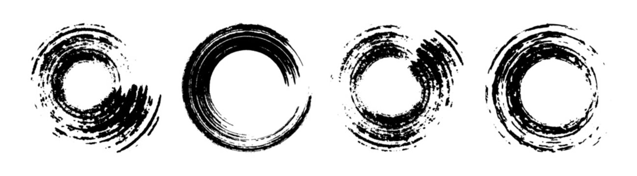 Set of Black Ink Brushstroke Circles. Hand-drawn textured Vector Rings, Distressed Paint Vector Frames, Zen Enso Elements and Artistic Round Brushstroke Circles for Modern Logos, Labels and Packaging