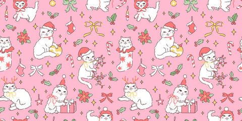Fototapeta premium Seamless pattern with Cute Christmas white fluffy cats in Santa hats. Hand drawn vector illustration in vintage style. Funny retro pet character background template. Holiday wrapping paper.