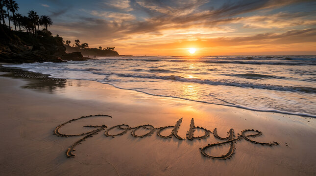 Goodbye written on the beach at sunset: The word Goodbye is etched in the wet sand on a beach, with gentle waves lapping at the shore and a warm sunset painting the sky in hues of orange and gold.