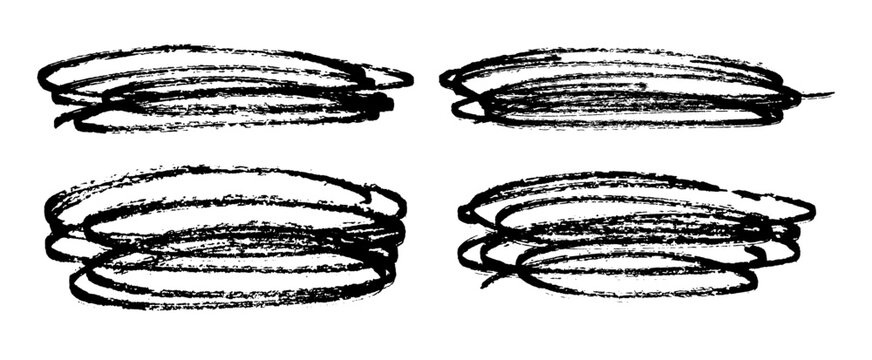 Set of grunge black brushstroke ovals. Isolated oval brushstroke loop, textured ink layout, abstract scribble ellipse shape, distressed ink element and paint trace for creative text highlight