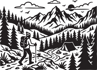 Fototapeta premium Black and white, vintage hiking illustration, mountain landscape, adventure travel