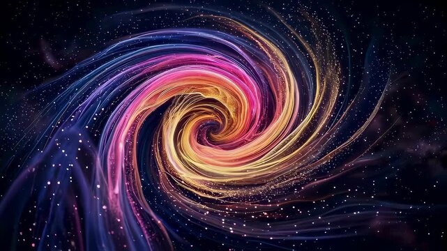 Glowing cosmic nebula spiral rotating in deep space. Abstract galaxy vortex with bright starlight particles. Futuristic motion background of digital energy flow.