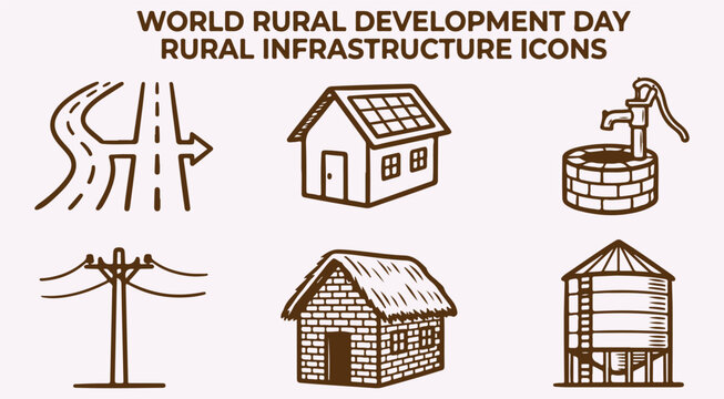  World Rural Development Day rural infrastructure icons set featuring road solar house water pump electricity pylon thatched hut and silo hand drawn vector illustration collection