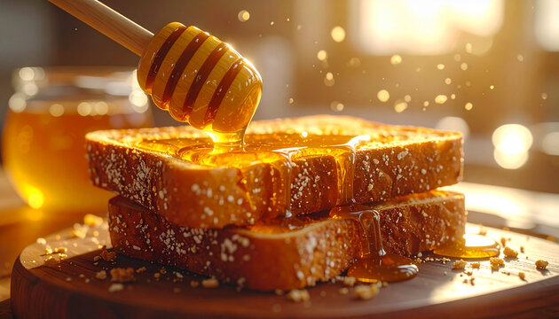 Honey dripping on toast golden food photography on a wooden surface