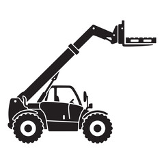 Telehandler forklift vehicle icon with telescopic boom for industrial warehouse material lifting tasks. © MdEashad