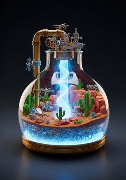 Intricate mechanical desert ecosystem encapsulated within a clear, glowing glass vessel, powered by ambient iridescent vapor, island, ecosystem, bizarre