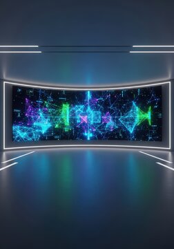 Large empty visualization room features massive curved screens displaying complex data points in a futuristic projection environment, complex, modeling, innovation
