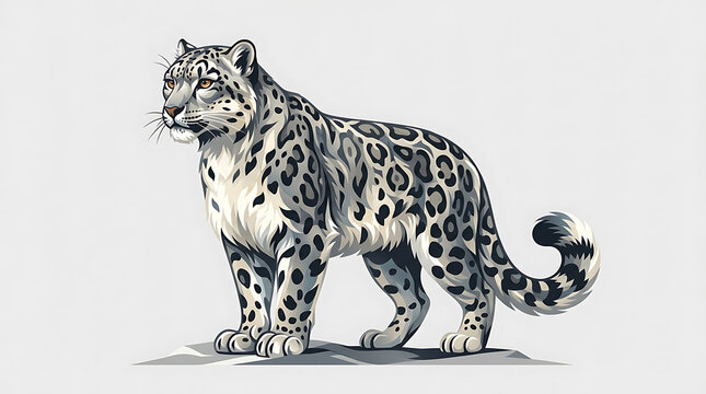 Snow leopard standing, looking left, gray background
