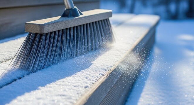 Close up view of a stiff-bristled broom brushing newly fallen powder snow from a wooden staircase on a cold winter morning, bristles, equipment, tool