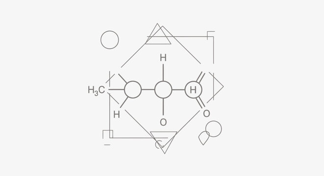 Minimalist chemical structure diagram of acetaldehyde molecule with geometric abstract shapes.
